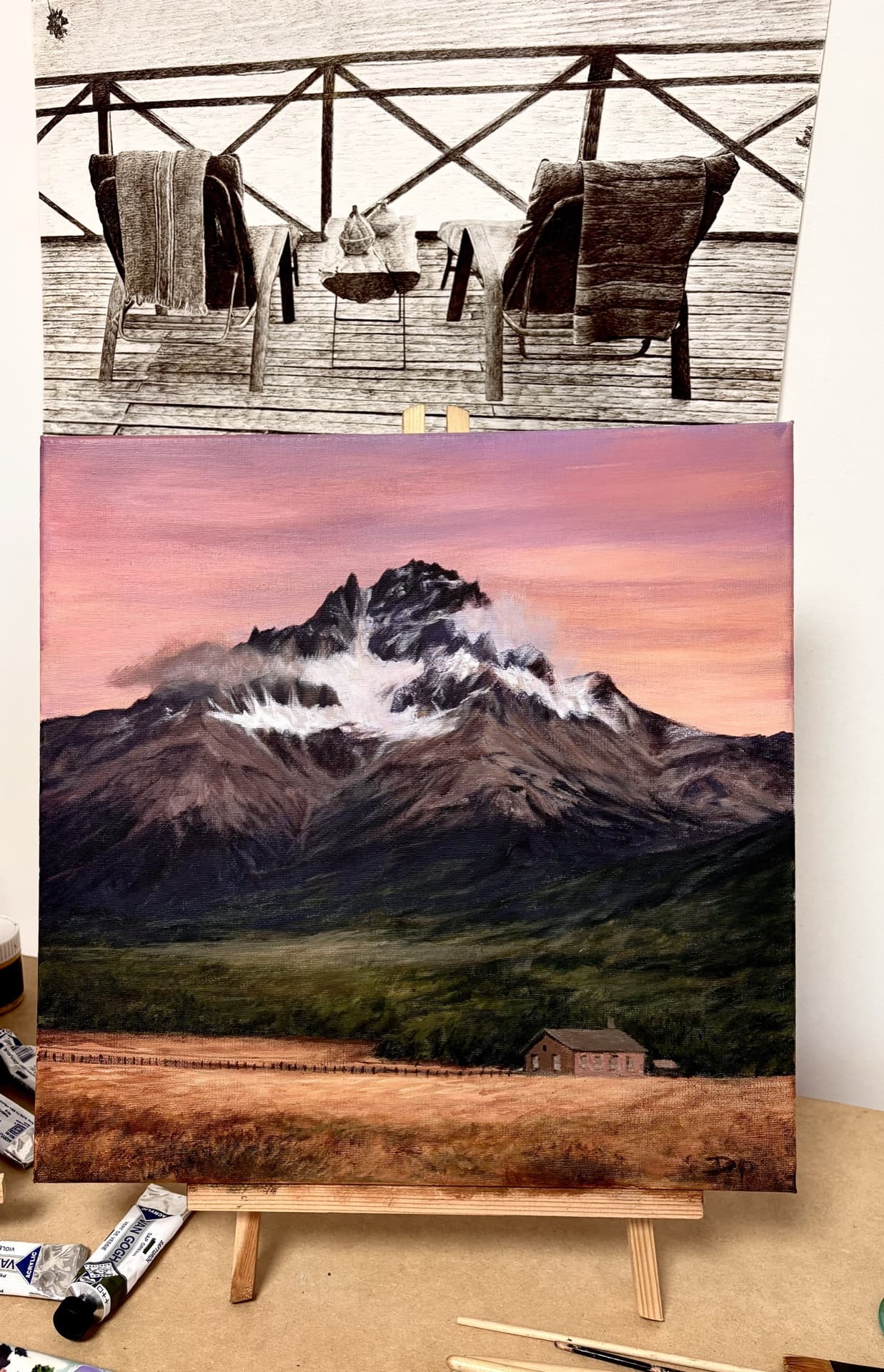 Pintura al óleo de montaña al atardecer con casa en el valle.